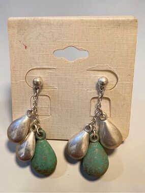 Silver Tone Turquoise Teardrop Dangle Earrings Boho Southwest
